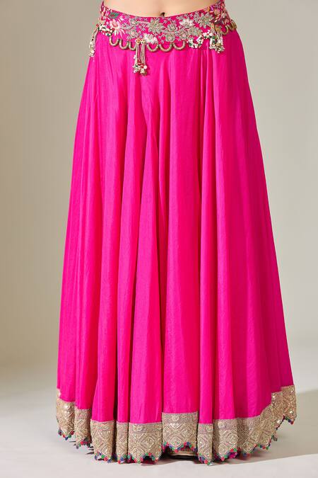 Shop_Anamika Khanna_Pink Chiffon Embroidery Scoop Neck Floral Blouse Lehenga Set_Online_at_Aza_Fashions