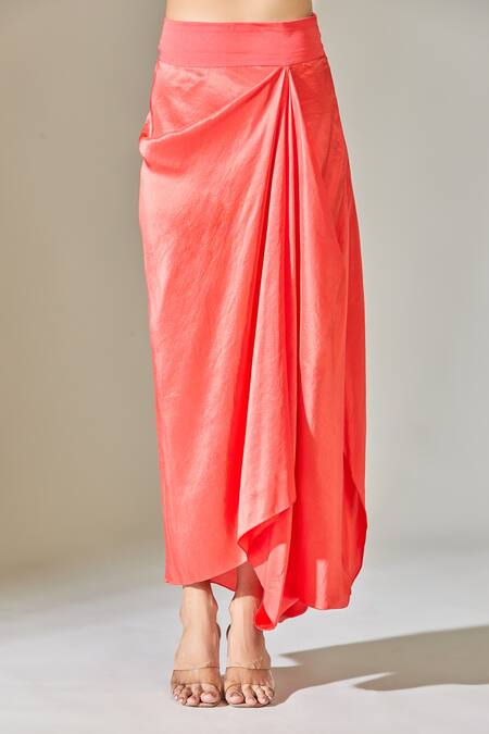 Anamika Khanna Coral Cotton, Georgette Tassels Round Neck Cape And Draped Skirt Set at Aza Fashions Anamika Khanna_Coral Cotton, Georgette Tassels Round Neck Cape And Draped Skirt Set_at_Aza_Fashions