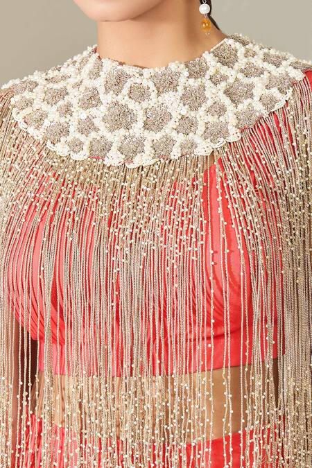 Shop Anamika Khanna Coral Cotton, Georgette Tassels Round Neck Cape And Draped Skirt Set Online at Aza Fashions Shop_Anamika Khanna_Coral Cotton, Georgette Tassels Round Neck Cape And Draped Skirt Set_Online_at_Aza_Fashions