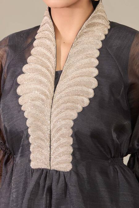 Pankaj & Nidhi Black Embroidery V-neck Puff Sleeve Yoke Top at Aza Fashions Pankaj & Nidhi_Black Embroidery V-neck Puff Sleeve Yoke Top _at_Aza_Fashions