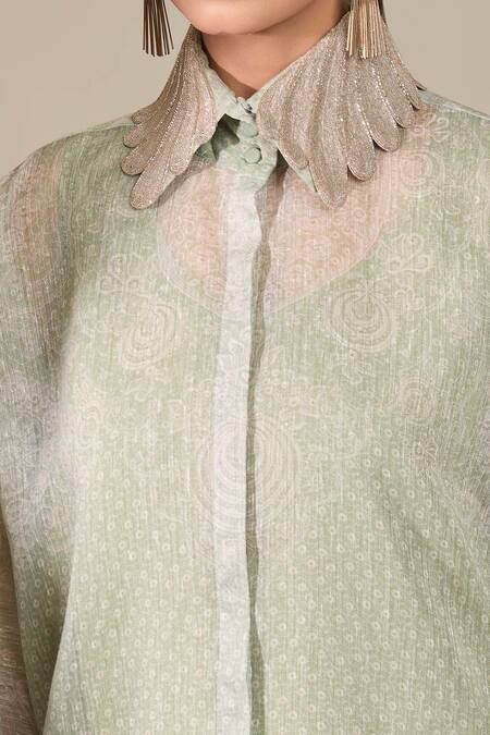 Shop_Pankaj & Nidhi_Green Embroidery High Neck Printed Sheer Shirt _Online_at_Aza_Fashions