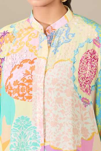 Buy_Pankaj & Nidhi_Multi Color Embroidery Bandeau Neck Floral Print Shirt _Online_at_Aza_Fashions
