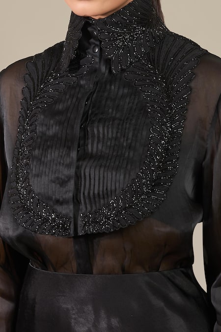 Shop Pankaj & Nidhi Black Silk Embroidery High Neck Pintucked Sheer Shirt Online at Aza Fashions Shop_Pankaj & Nidhi_Black Silk Embroidery High Neck Pintucked Sheer Shirt _Online_at_Aza_Fashions