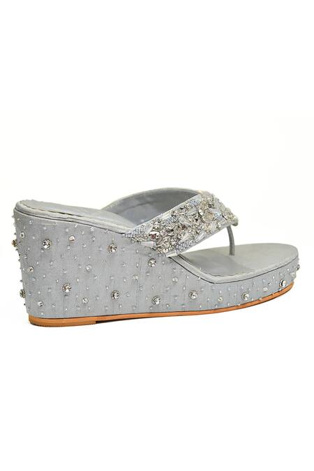Shop_Modanta Footwear_Grey Diamonds, Embroidery Wedges _Online_at_Aza_Fashions