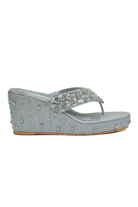 Modanta Footwear_Grey Diamonds, Embroidery Wedges _at_Aza_Fashions