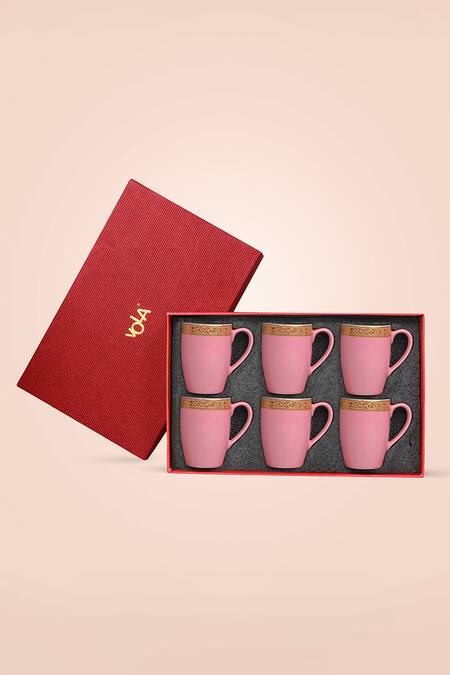 Buy_Vola_Pink Porcelain Blooming Dalhia Pattern Mugs - Set Of 6_Online_at_Aza_Fashions