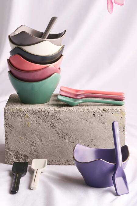 Vola_Multi Color Porcelain Bloom Vegas Matte Dessert Bowl And Spoon Set_Online_at_Aza_Fashions