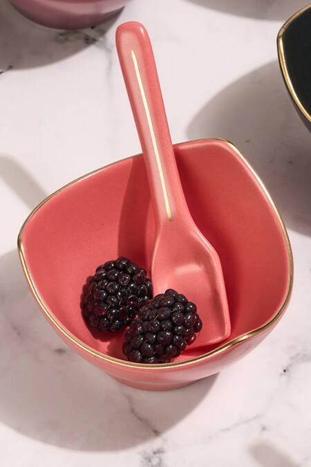 Buy_Vola_Multi Color Porcelain Bloom Vegas Matte Dessert Bowl And Spoon Set_Online_at_Aza_Fashions