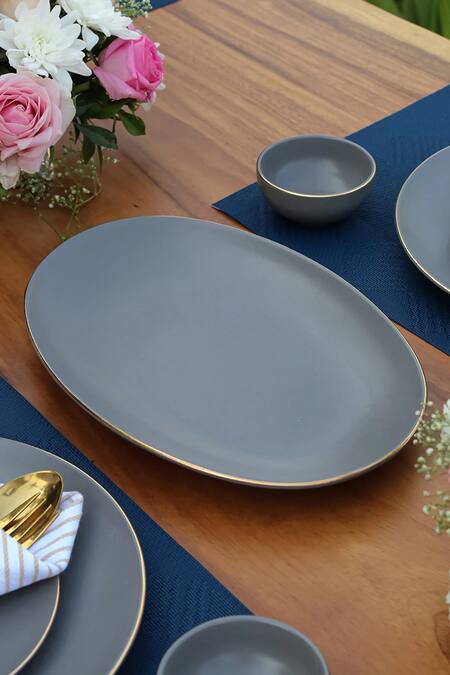 Shop_Vola_Grey Porcelain Bloom Matte Dinner Set_Online_at_Aza_Fashions