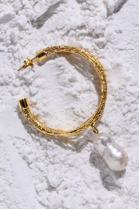 Shop Heena Mittal Gold Plated Pearls Kiara Drop Hoops at Aza Fashions Shop_Heena Mittal_Gold Plated Pearls Kiara Drop Hoops _at_Aza_Fashions