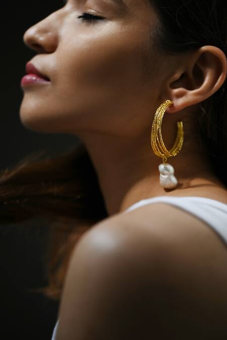 Buy Heena Mittal Gold Plated Pearls Kiara Drop Hoops Online at Aza Fashions Buy_Heena Mittal_Gold Plated Pearls Kiara Drop Hoops _Online_at_Aza_Fashions