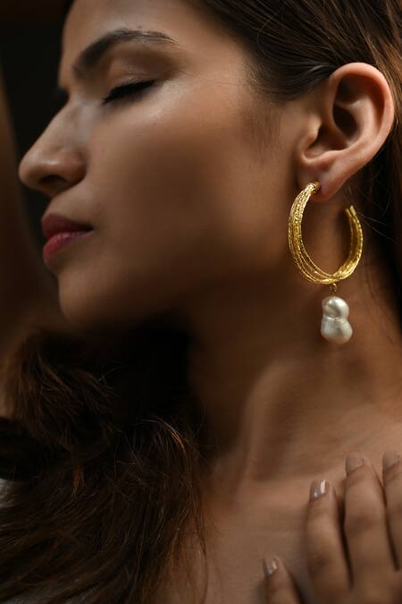 Shop Heena Mittal Gold Plated Pearls Kiara Drop Hoops Online at Aza Fashions Shop_Heena Mittal_Gold Plated Pearls Kiara Drop Hoops _Online_at_Aza_Fashions