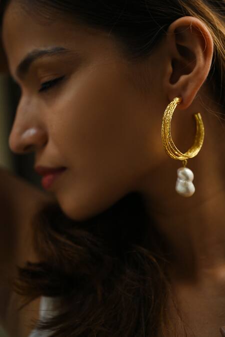 Heena Mittal_Gold Plated Pearls Kiara Drop Hoops _at_Aza_Fashions