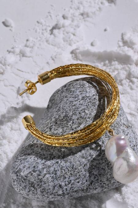 Shop Heena Mittal Gold Plated Pearls Kiara Drop Hoops Shop_Heena Mittal_Gold Plated Pearls Kiara Drop Hoops