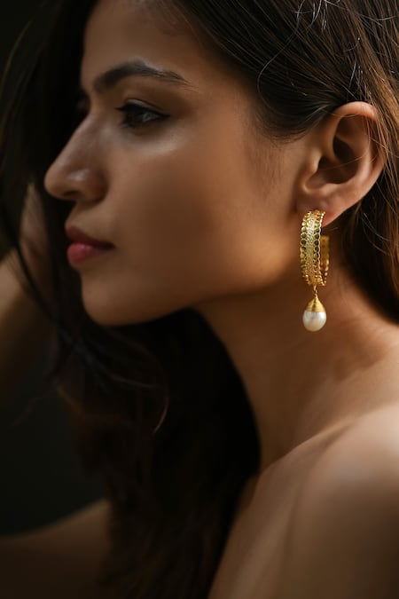 Buy Heena Mittal Gold Plated Pearls Suni Drop Hoops Online at Aza Fashions Buy_Heena Mittal_Gold Plated Pearls Suni Drop Hoops _Online_at_Aza_Fashions