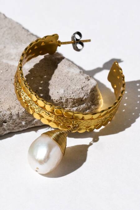 Heena Mittal Gold Plated Pearls Suni Drop Hoops at Aza Fashions Heena Mittal_Gold Plated Pearls Suni Drop Hoops _at_Aza_Fashions