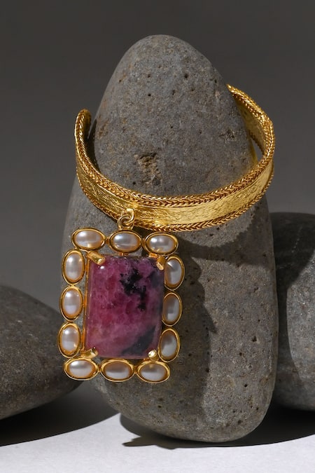 Shop Heena Mittal Gold Plated Pearls, Rhinestones Eclat Rhodonite Hoops at Aza Fashions Shop_Heena Mittal_Gold Plated Pearls, Rhinestones Eclat Rhodonite Hoops _at_Aza_Fashions