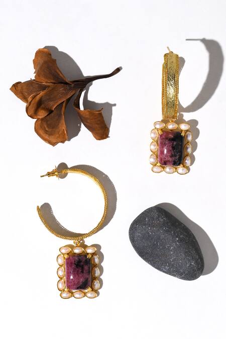 Shop Heena Mittal Gold Plated Pearls, Rhinestones Eclat Rhodonite Hoops Online at Aza Fashions Shop_Heena Mittal_Gold Plated Pearls, Rhinestones Eclat Rhodonite Hoops _Online_at_Aza_Fashions