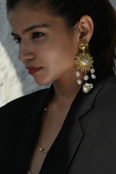 Heena Mittal Gold Plated Pearl Cygnus Floral Dangler Earrings 