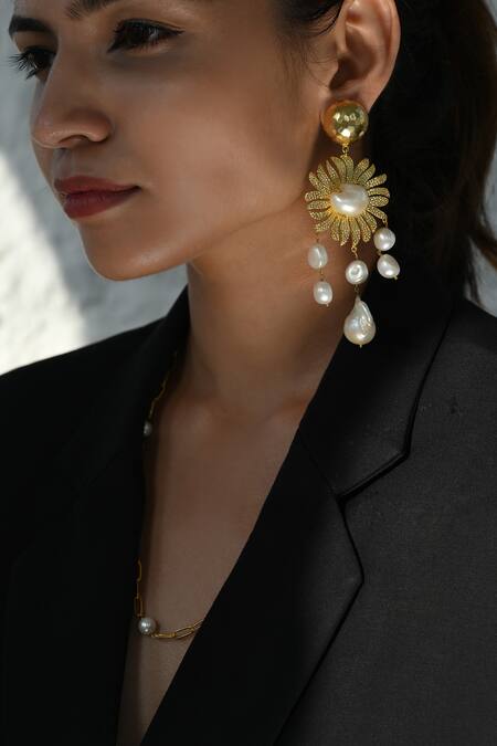 Heena Mittal Gold Plated Pearls Cygnus Floral Dangler Earrings Online at Aza Fashions Heena Mittal_Gold Plated Pearls Cygnus Floral Dangler Earrings _Online_at_Aza_Fashions