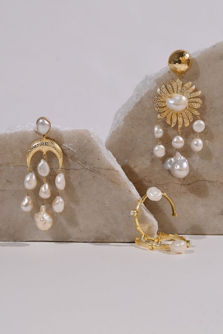 Shop_Heena Mittal_Gold Plated Pearls Cygnus Floral Dangler Earrings _Online_at_Aza_Fashions