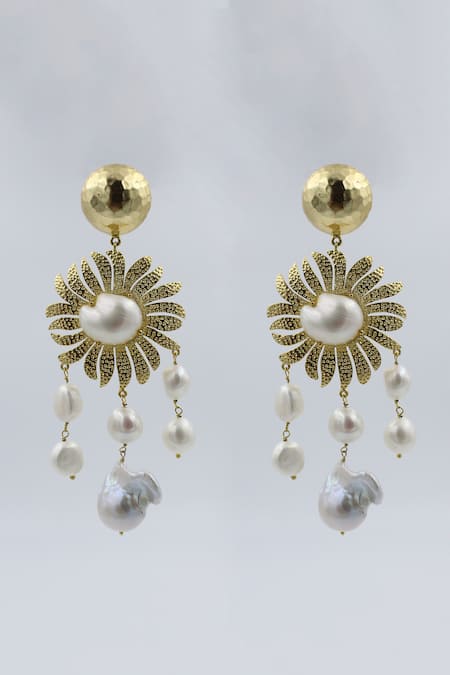 Heena Mittal_Gold Plated Pearls Cygnus Floral Dangler Earrings _at_Aza_Fashions