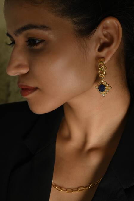 Heena Mittal Gold Plated Pearls, Stones Canis Diamond Embellished Earrings Online at Aza Fashions Heena Mittal_Gold Plated Pearls, Stones Canis Diamond Embellished Earrings _Online_at_Aza_Fashions