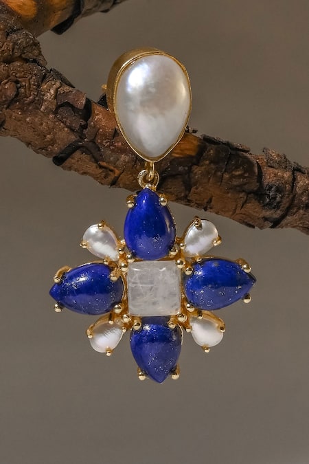 Shop Heena Mittal Blue Stones, Pearls Virgo Embellished Earrings at Aza Fashions Shop_Heena Mittal_Blue Stones, Pearls Virgo Embellished Earrings _at_Aza_Fashions