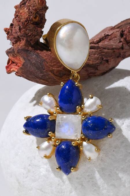 Shop Heena Mittal Blue Stones, Pearls Virgo Embellished Earrings Online at Aza Fashions Shop_Heena Mittal_Blue Stones, Pearls Virgo Embellished Earrings _Online_at_Aza_Fashions