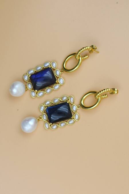 Heena Mittal_Gold Plated Pearls, Stones Gris Drop Earrings _Online_at_Aza_Fashions