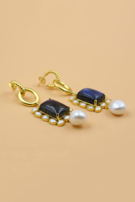 Heena Mittal_Gold Plated Pearls, Stones Gris Drop Earrings _at_Aza_Fashions
