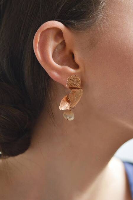 Shop_Heena Mittal_Gold Plated Pearls Foliole Moti Drop Earrings _Online_at_Aza_Fashions