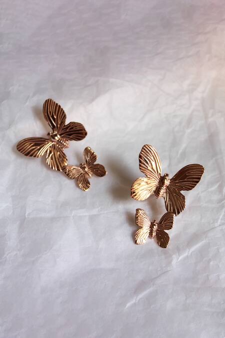 Heena Mittal_Rose Gold Butterfly Textured Earrings _Online_at_Aza_Fashions