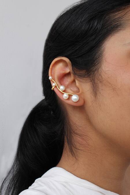 Shop_Heena Mittal_Gold Plated Pearls Studded Earcuffs_Online_at_Aza_Fashions