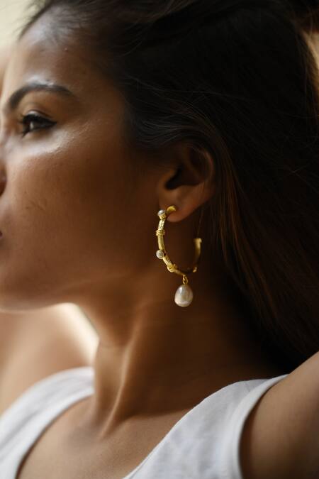 Shop_Heena Mittal_Gold Plated Pearls Charmer Embellished Half-hoops _Online_at_Aza_Fashions