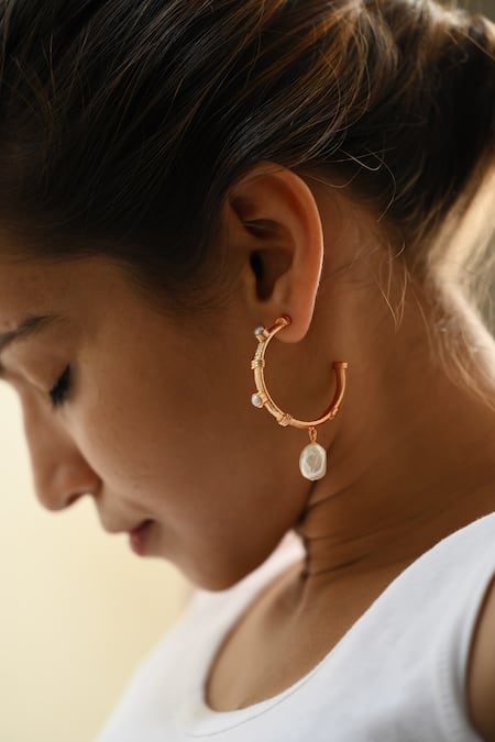 Heena Mittal_Rose Gold Pearls Charmer Drop Half-hoops _Online_at_Aza_Fashions