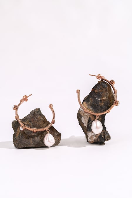 Shop_Heena Mittal_Rose Gold Pearls Charmer Drop Half-hoops _Online_at_Aza_Fashions