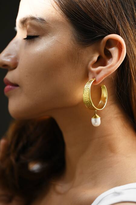Heena Mittal_Gold Plated Pearls Hailey Drop Hoops _Online_at_Aza_Fashions