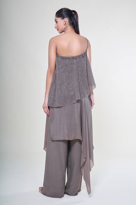 Shop Babita Malkani Brown Crepe Sequins, Crystals, Piping Asymmetric Embroidered Jumpsuit at Aza Fashions Shop_Babita Malkani_Brown Crepe Sequins, Crystals, Piping Asymmetric Embroidered Jumpsuit_at_Aza_Fashions