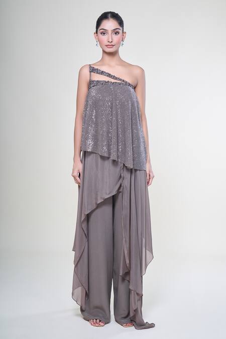 Babita Malkani Brown Crepe Sequins, Crystals, Piping Asymmetric Embroidered Jumpsuit Online at Aza Fashions Babita Malkani_Brown Crepe Sequins, Crystals, Piping Asymmetric Embroidered Jumpsuit_Online_at_Aza_Fashions