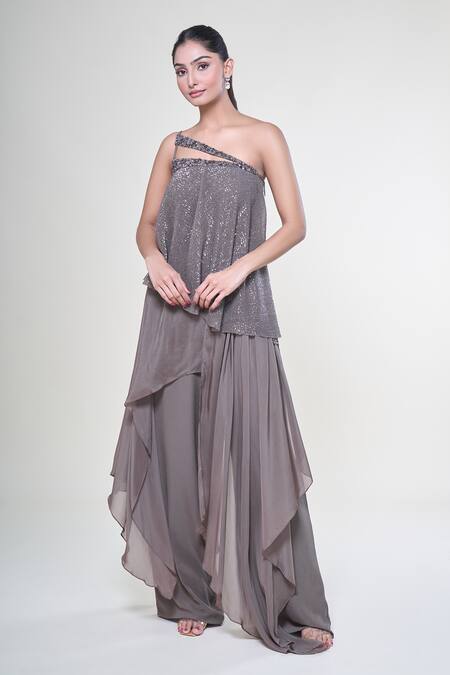 Shop Babita Malkani Brown Crepe Sequins, Crystals, Piping Asymmetric Embroidered Jumpsuit Online at Aza Fashions Shop_Babita Malkani_Brown Crepe Sequins, Crystals, Piping Asymmetric Embroidered Jumpsuit_Online_at_Aza_Fashions
