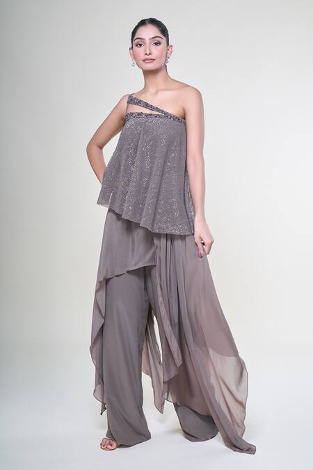 Babita Malkani Brown Crepe Sequins, Crystals, Piping Asymmetric Embroidered Jumpsuit at Aza Fashions Babita Malkani_Brown Crepe Sequins, Crystals, Piping Asymmetric Embroidered Jumpsuit_at_Aza_Fashions