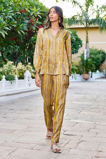 Grassroot By Anita Dongre Hillside Stripe Block Print Shirt & Pant Set 