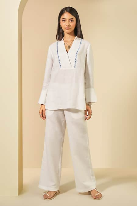 Grassroot By Anita Dongre White 100% Hemp Embroidery Thread V Neck Montane Yoke Top And Pant Set 