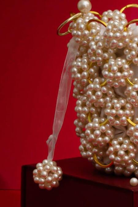Buy Amyra White Pearls Leila Embellished Bag Online at Aza Fashions Buy_Amyra_White Pearls Leila Embellished Bag_Online_at_Aza_Fashions