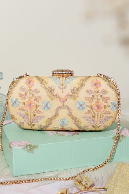 Shop_Amyra_Yellow Embroidery Avira Floral Clutch _at_Aza_Fashions
