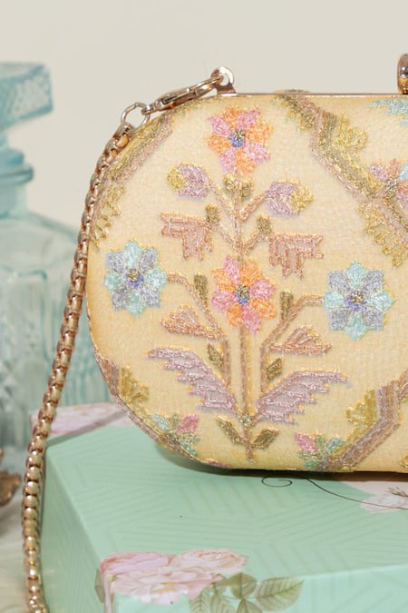 Amyra_Yellow Embroidery Avira Floral Clutch _at_Aza_Fashions