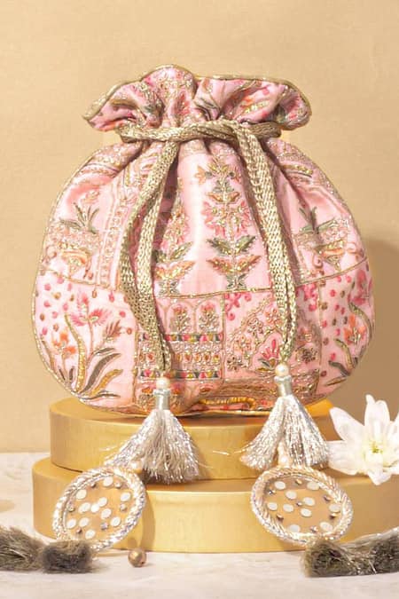 Amyra_Pink Embroidery Floral Zari Potli Bag _Online_at_Aza_Fashions