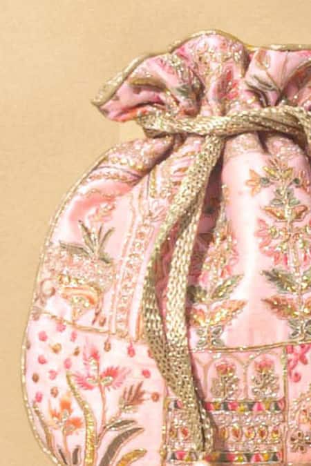 Buy_Amyra_Pink Embroidery Floral Zari Potli Bag _Online_at_Aza_Fashions