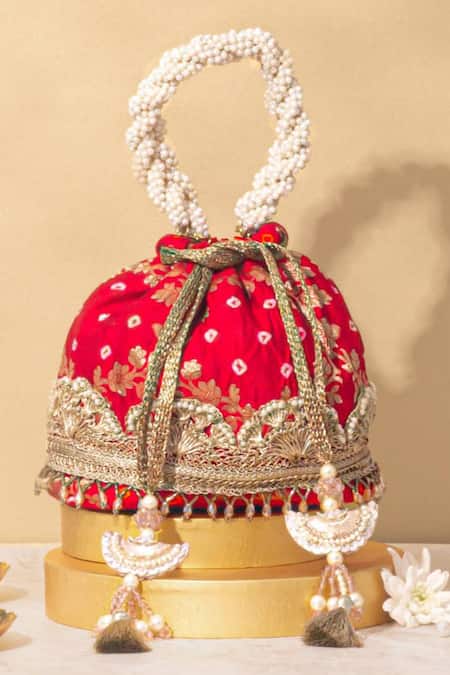 Amyra Red Embroidery, Pearls Bandhani Pattern Potli Bag 